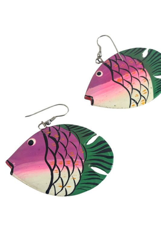 Vintage wood fish earrings pink + green