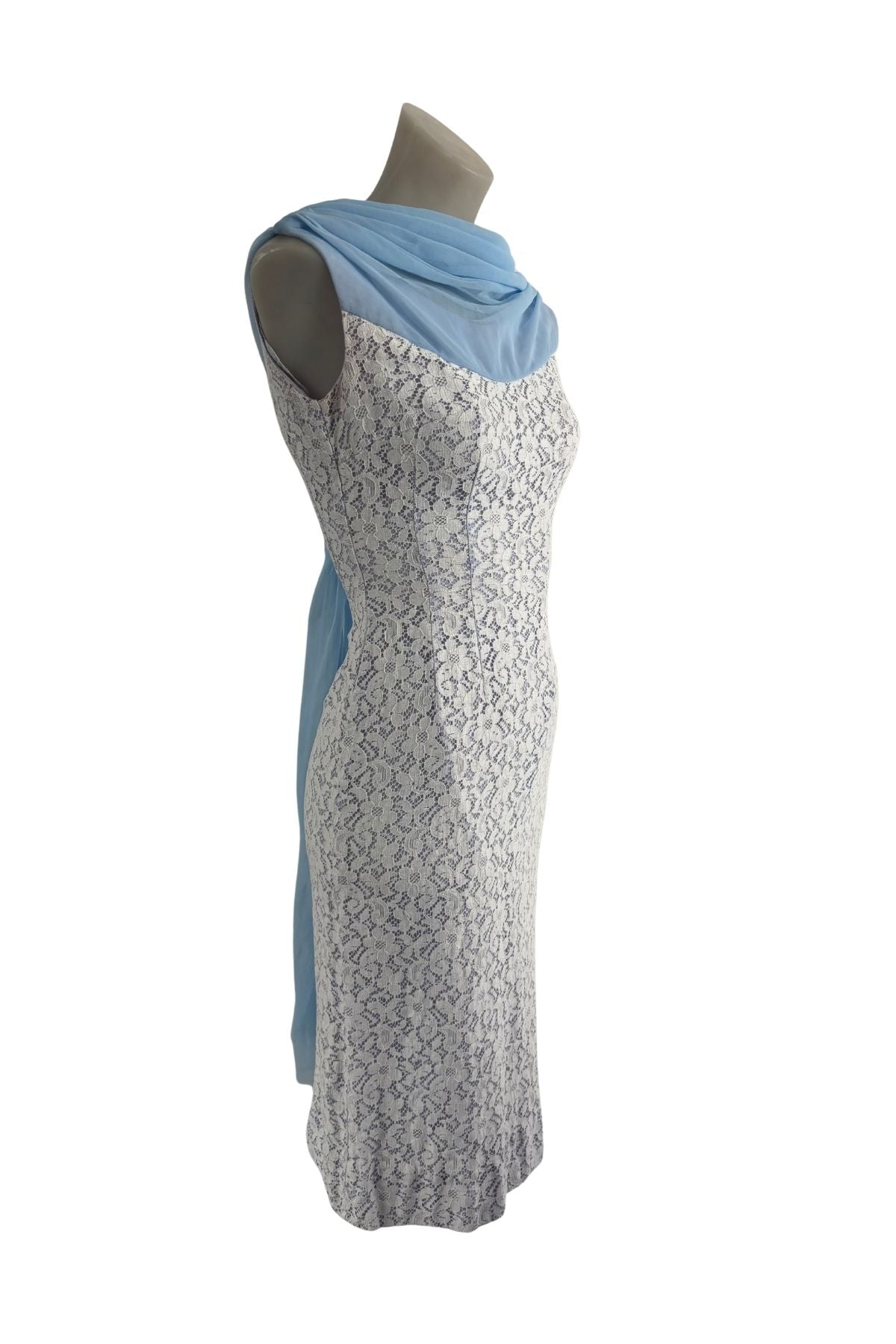 1960's Gorgeous baby blue + white lace dress, XS