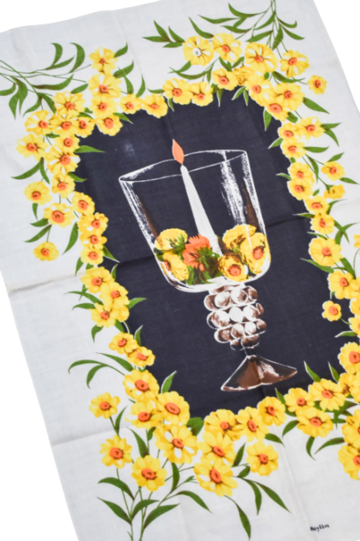 Yellow flowers linen tea towel