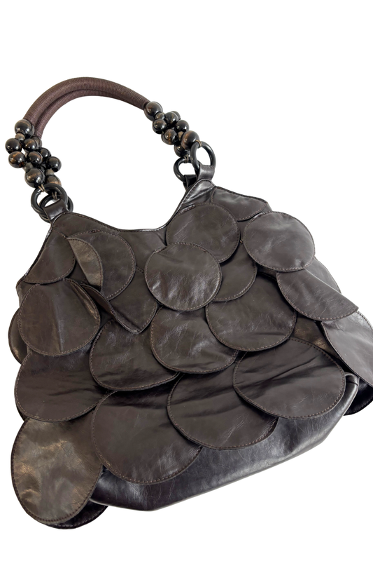 Circle patches beaded handle bag