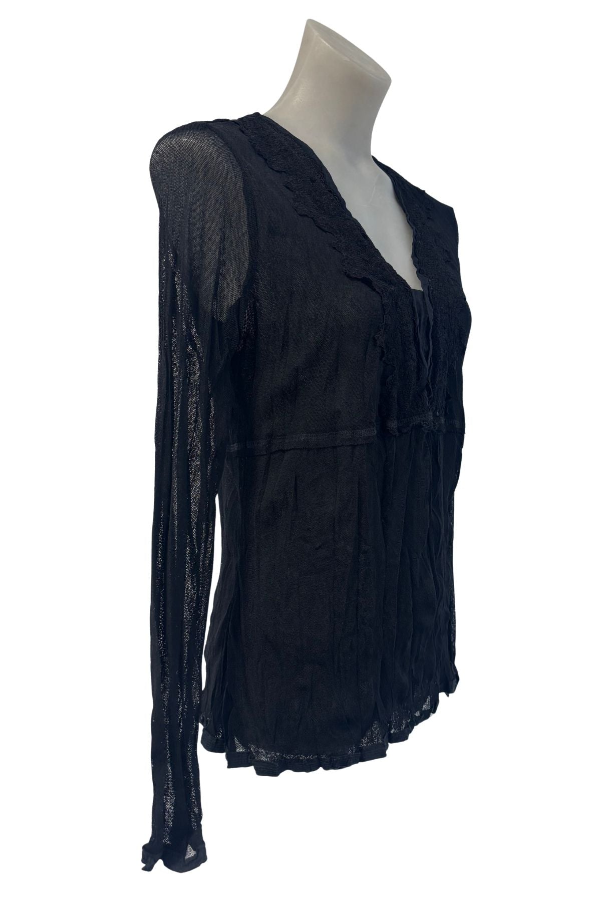 Verge NZ made black mesh lace top, M