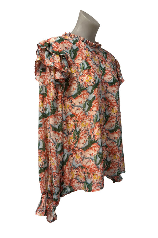 Vibrant floral silver polka dot blouse, M/L