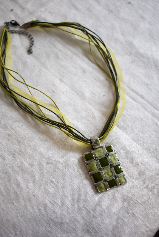 Green hemp + ribbon necklace