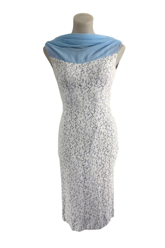 1960's Gorgeous baby blue + white lace dress, XS