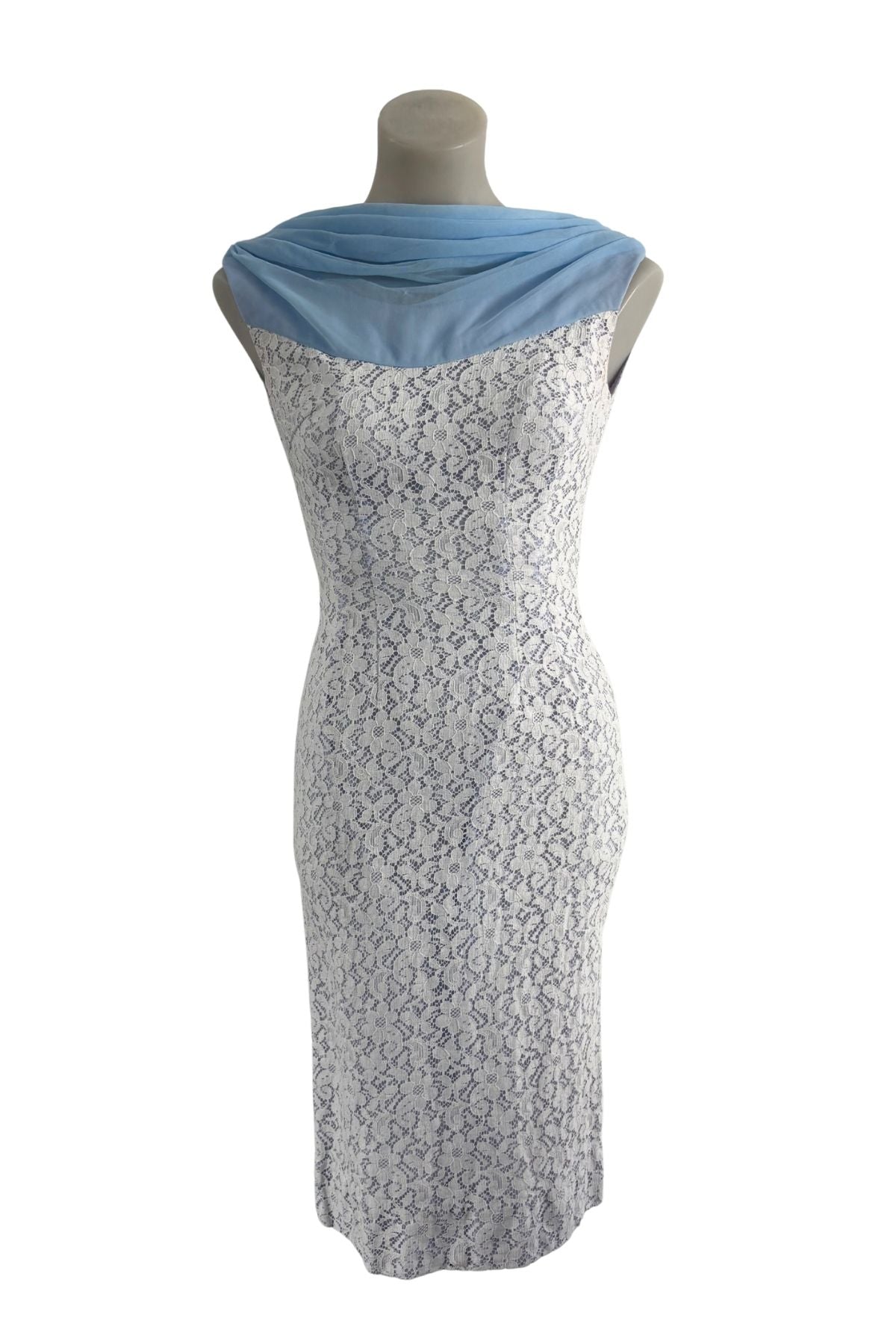 1960's Gorgeous baby blue + white lace dress, XS