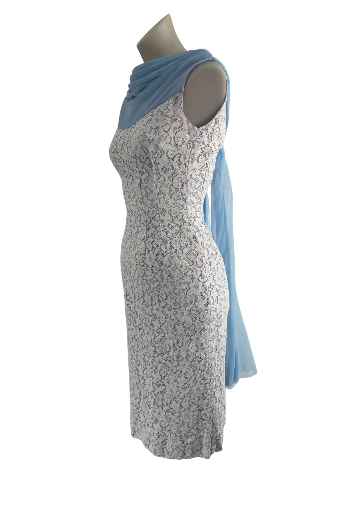 1960's Gorgeous baby blue + white lace dress, XS