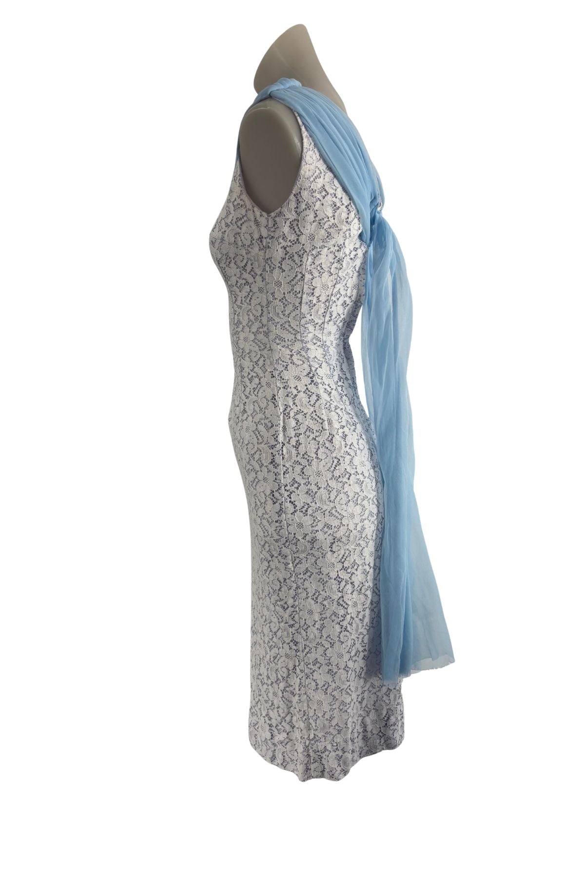 1960's Gorgeous baby blue + white lace dress, XS