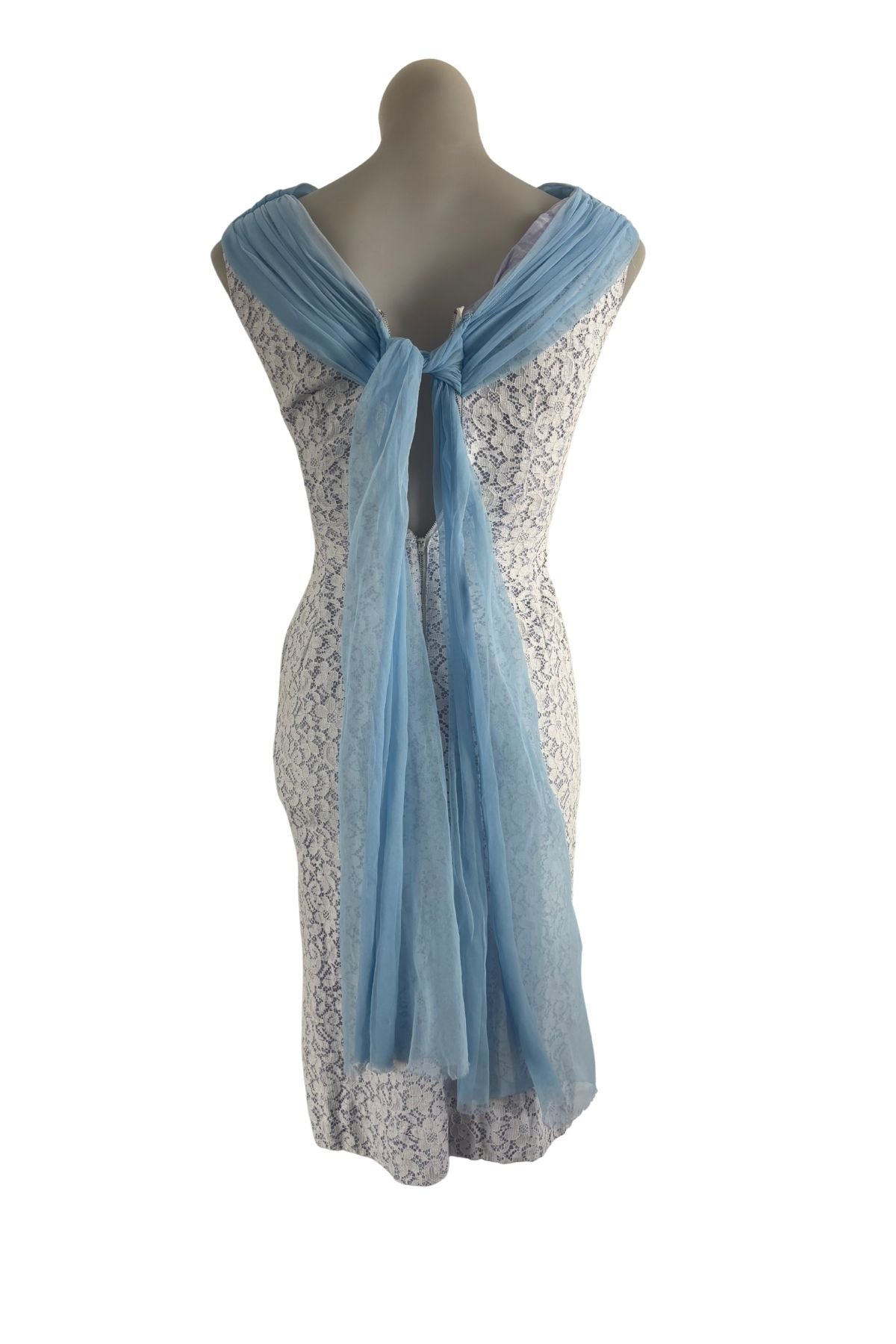 1960's Gorgeous baby blue + white lace dress, XS