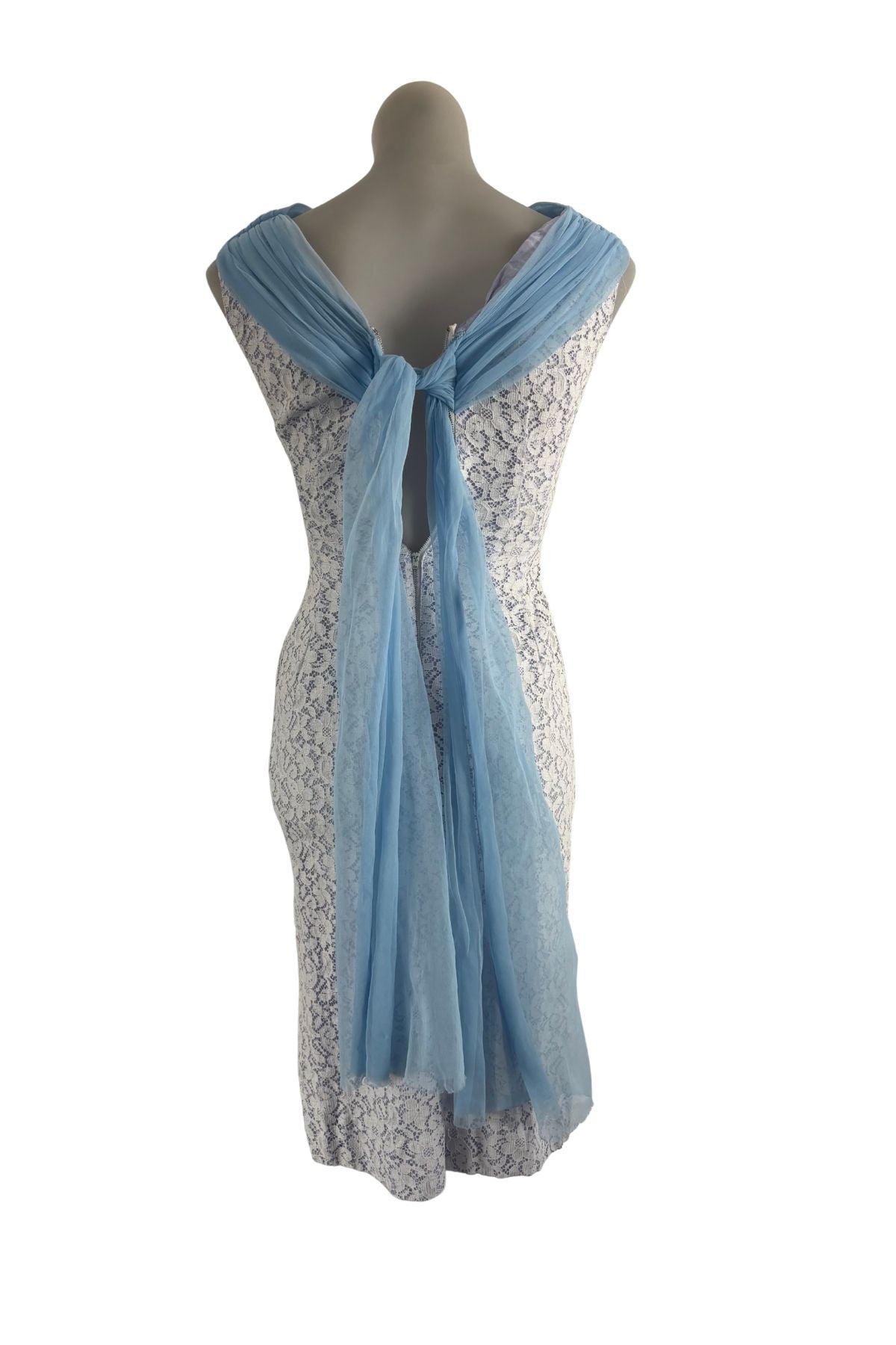 1960's Gorgeous baby blue + white lace dress, XS