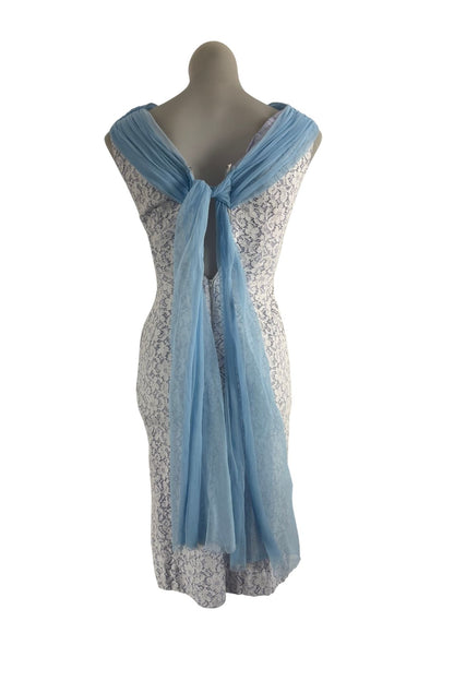 1960's Gorgeous baby blue + white lace dress, XS
