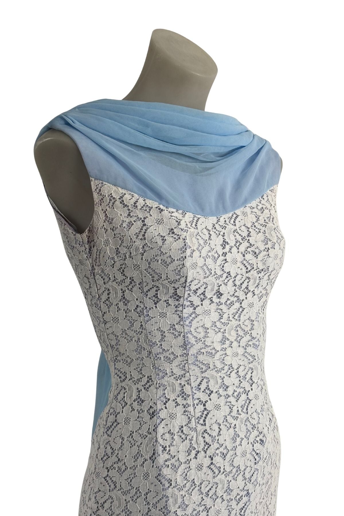 1960's Gorgeous baby blue + white lace dress, XS