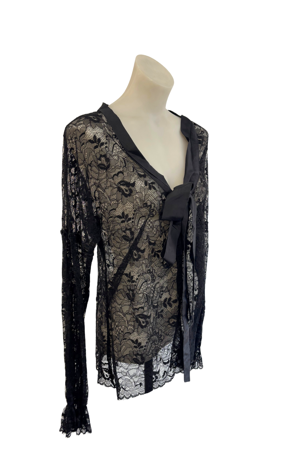OYL NZ made silk trim black lace blouse, 14