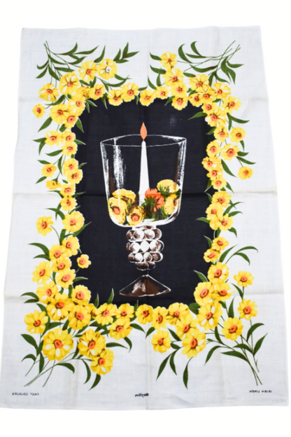 Yellow flowers linen tea towel
