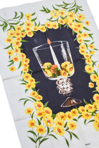 Yellow flowers linen tea towel