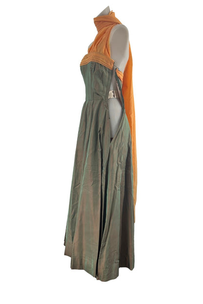 1950’s Shot silk corset gown with draping, S