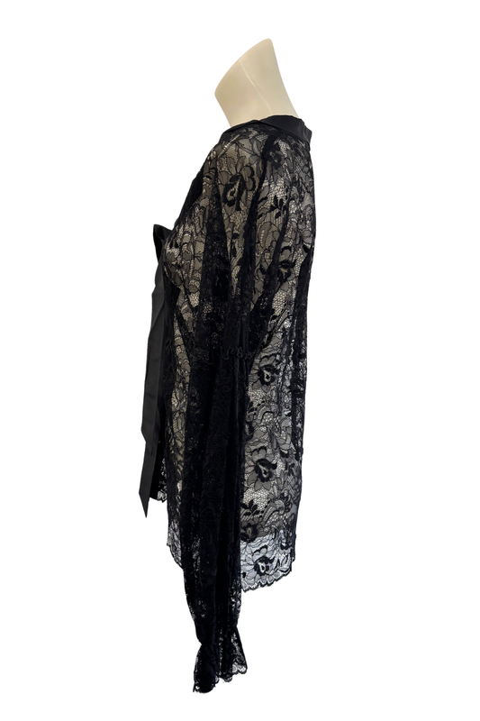 OYL NZ made silk trim black lace blouse, 14