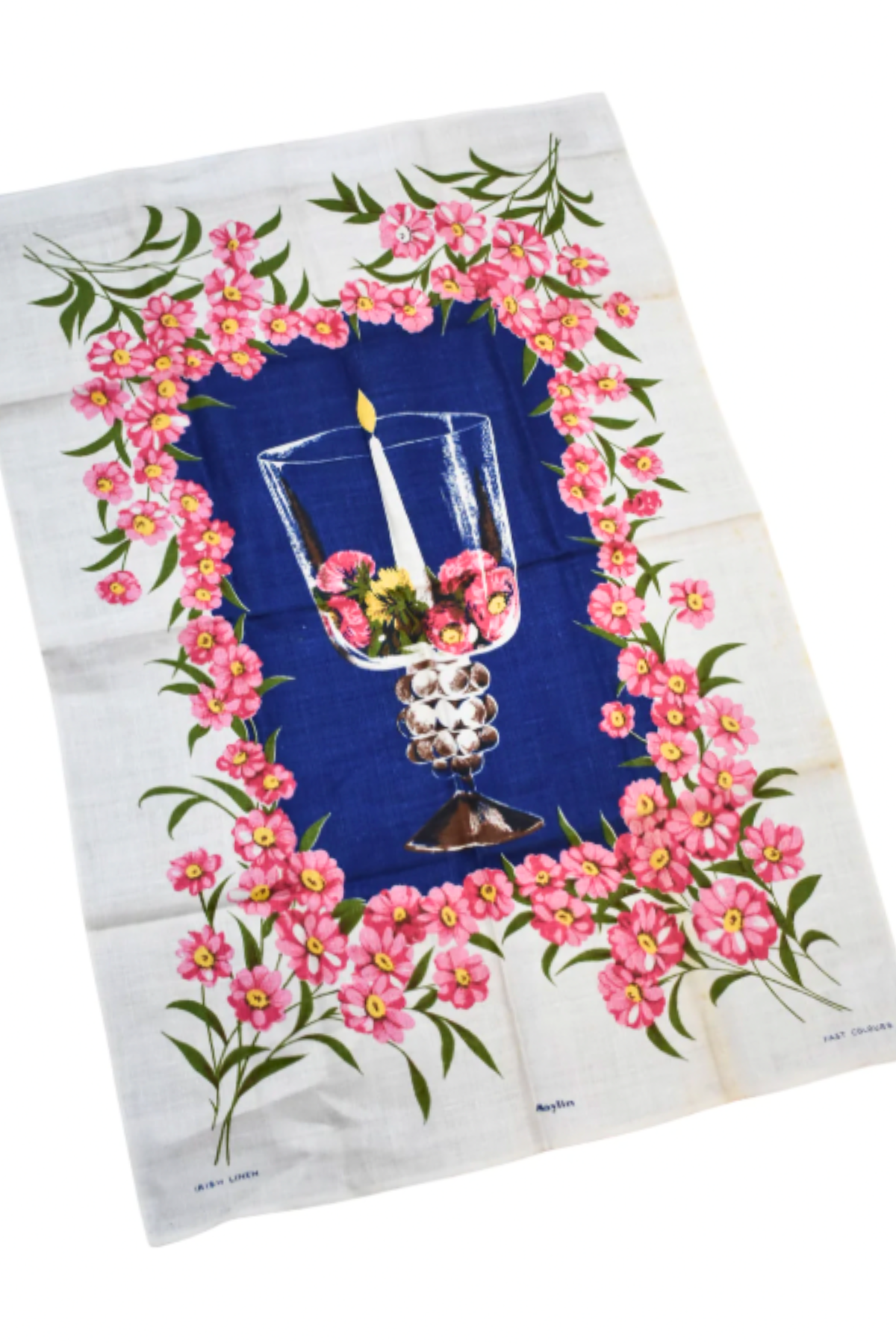 Pink floral centrepiece linen tea towel