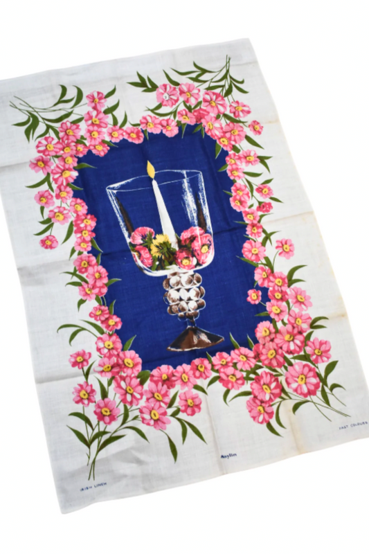 Pink floral centrepiece linen tea towel
