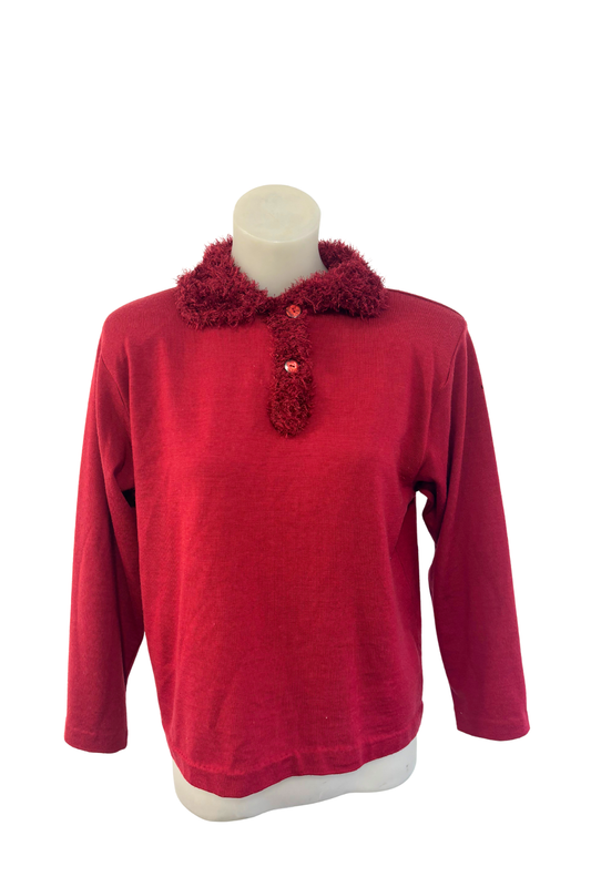 Vintage furry collar red lightweight sweater