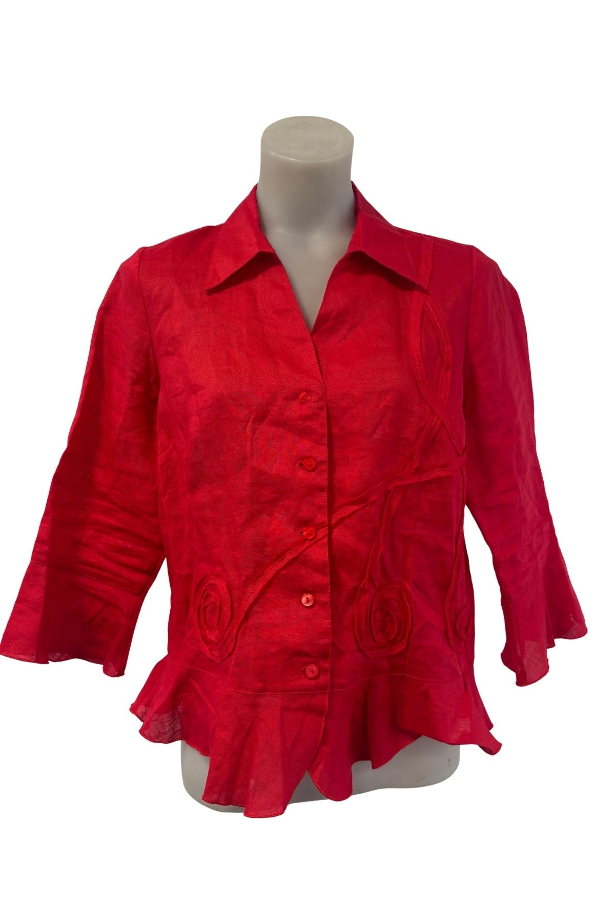 K&K vibrant red ramie linen button up blouse, 10