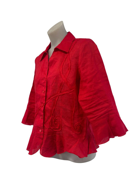 K&K vibrant red ramie linen button up blouse, 10