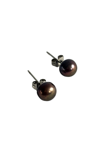 Brown pearl silver stud earrings