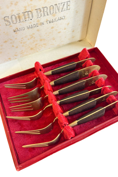 Solid bronze 6 seafood forks