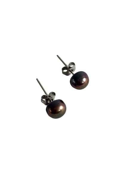 Brown pearl silver stud earrings