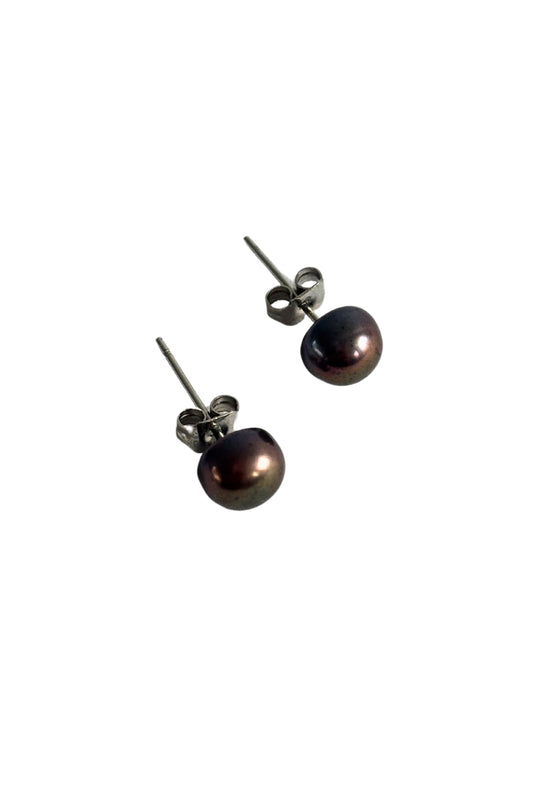 Brown pearl silver stud earrings