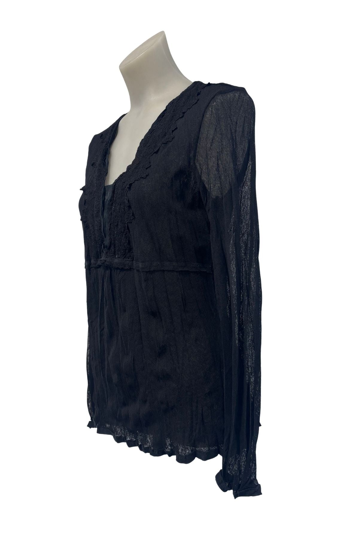 Verge NZ made black mesh lace top, M