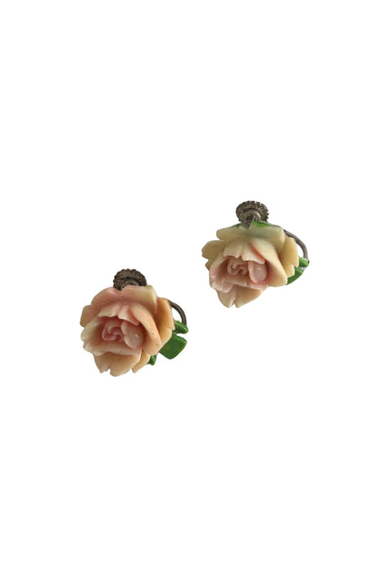 Vintage pink rose screw on earrings
