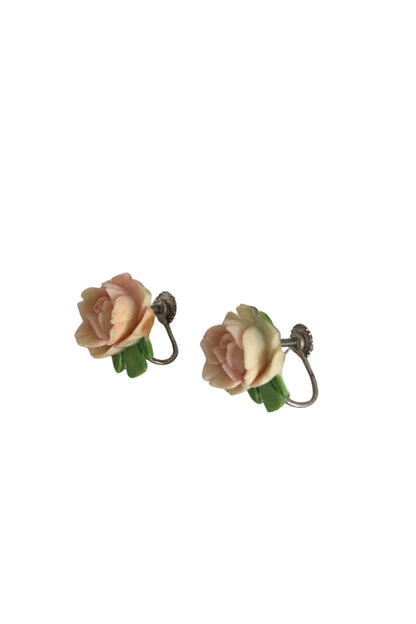 Vintage pink rose screw on earrings
