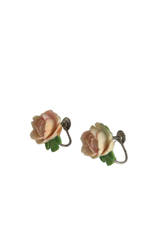 Vintage pink rose screw on earrings