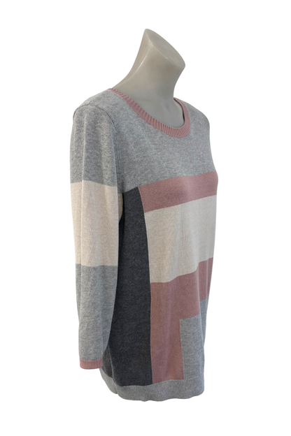 Ella J grey + pink blocks 3/4 sleeve jumper, M