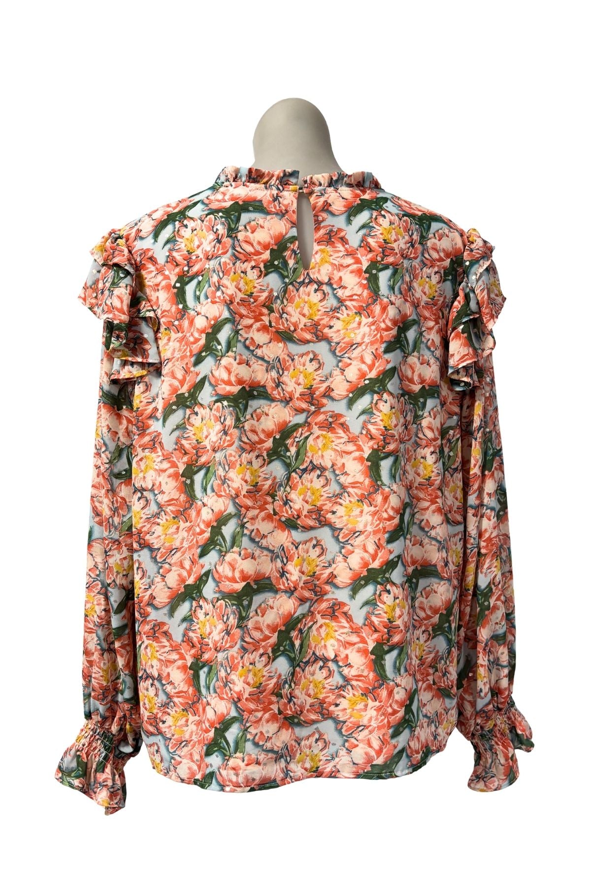 Vibrant floral silver polka dot blouse, M/L