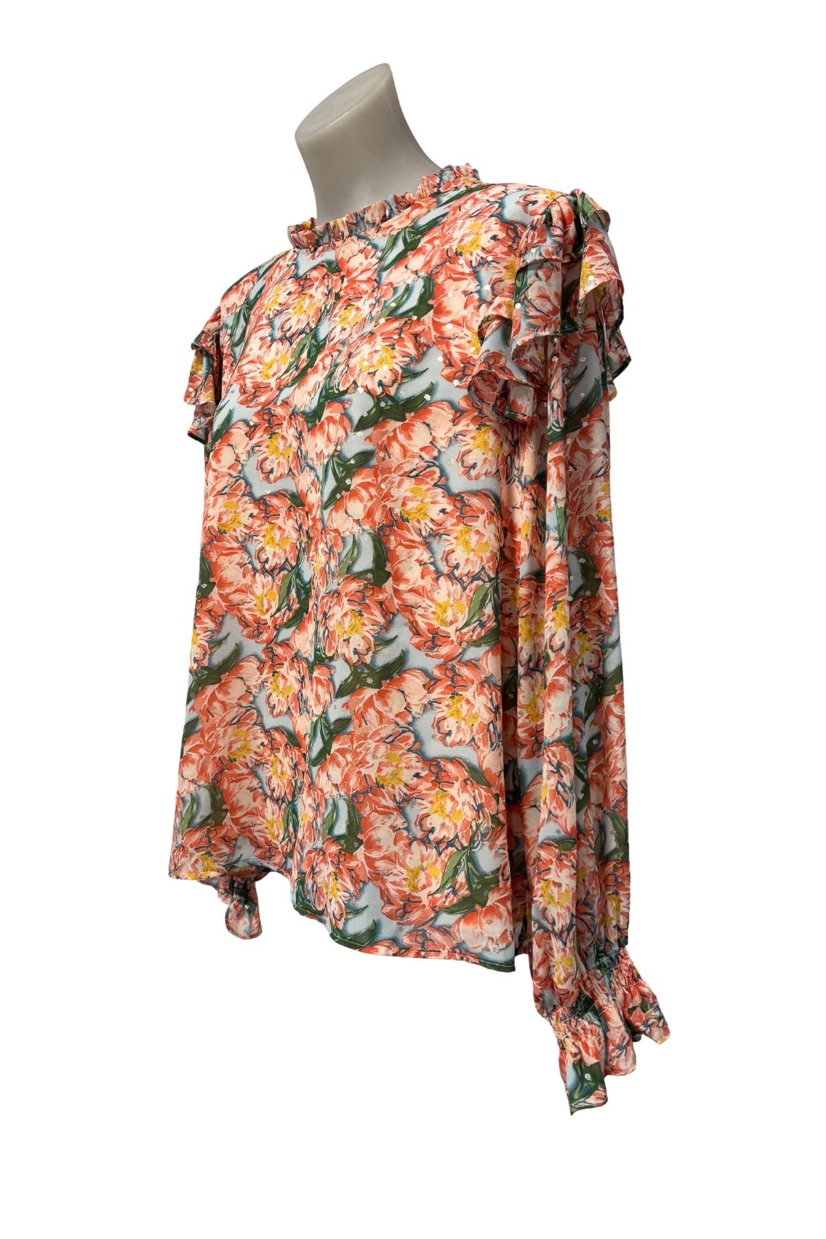 Vibrant floral silver polka dot blouse, M/L