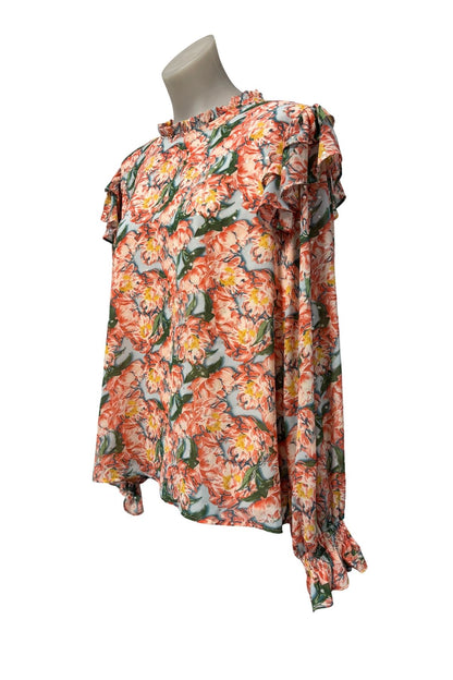 Vibrant floral silver polka dot blouse, M/L