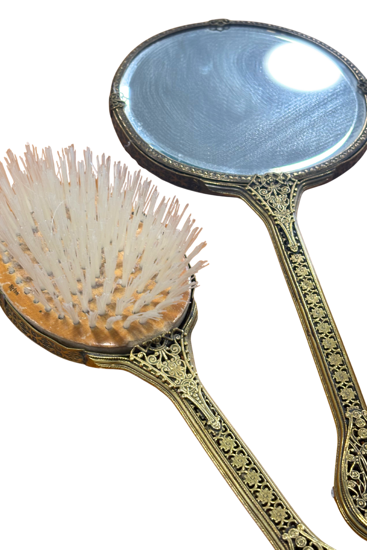 Antique brass UK made mirror + brush set