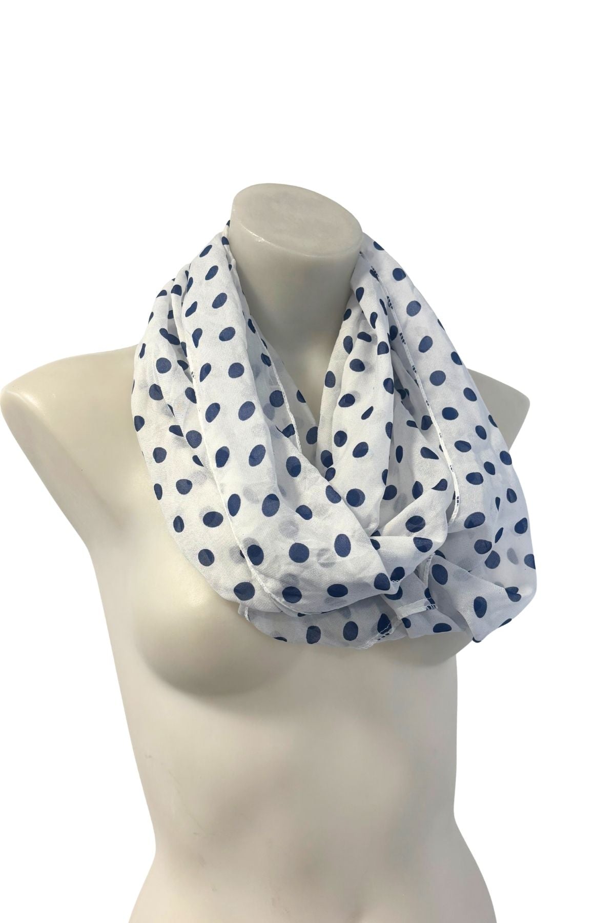 Silk blend navy polka dot infinity scarf