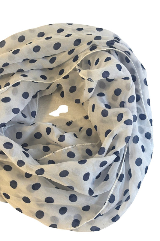 Silk blend navy polka dot infinity scarf