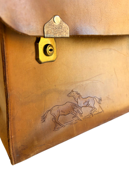 Large vintage leather briefcase with horses