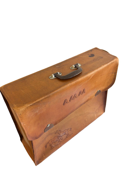 Large vintage leather briefcase with horses