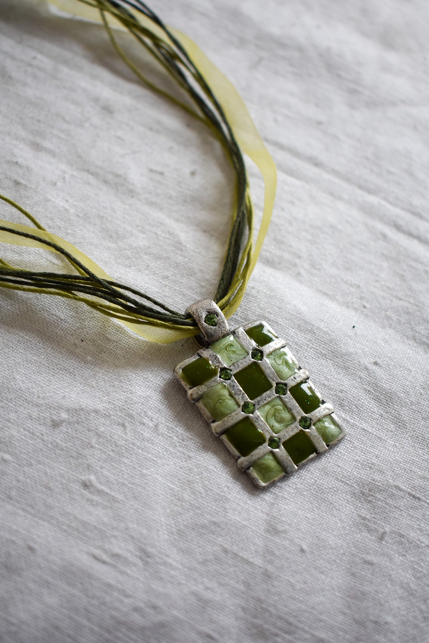 Green hemp + ribbon necklace