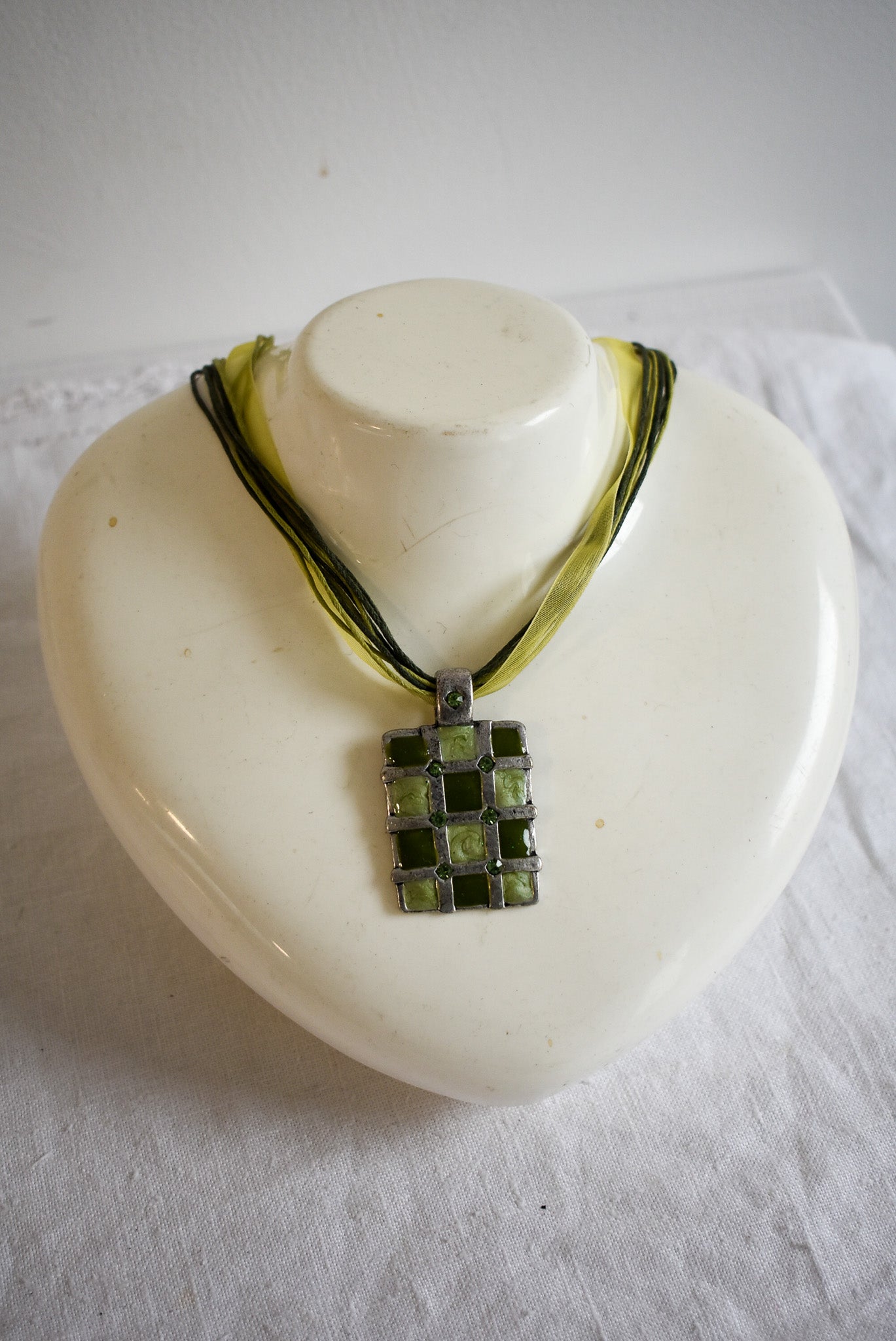 Green hemp + ribbon necklace