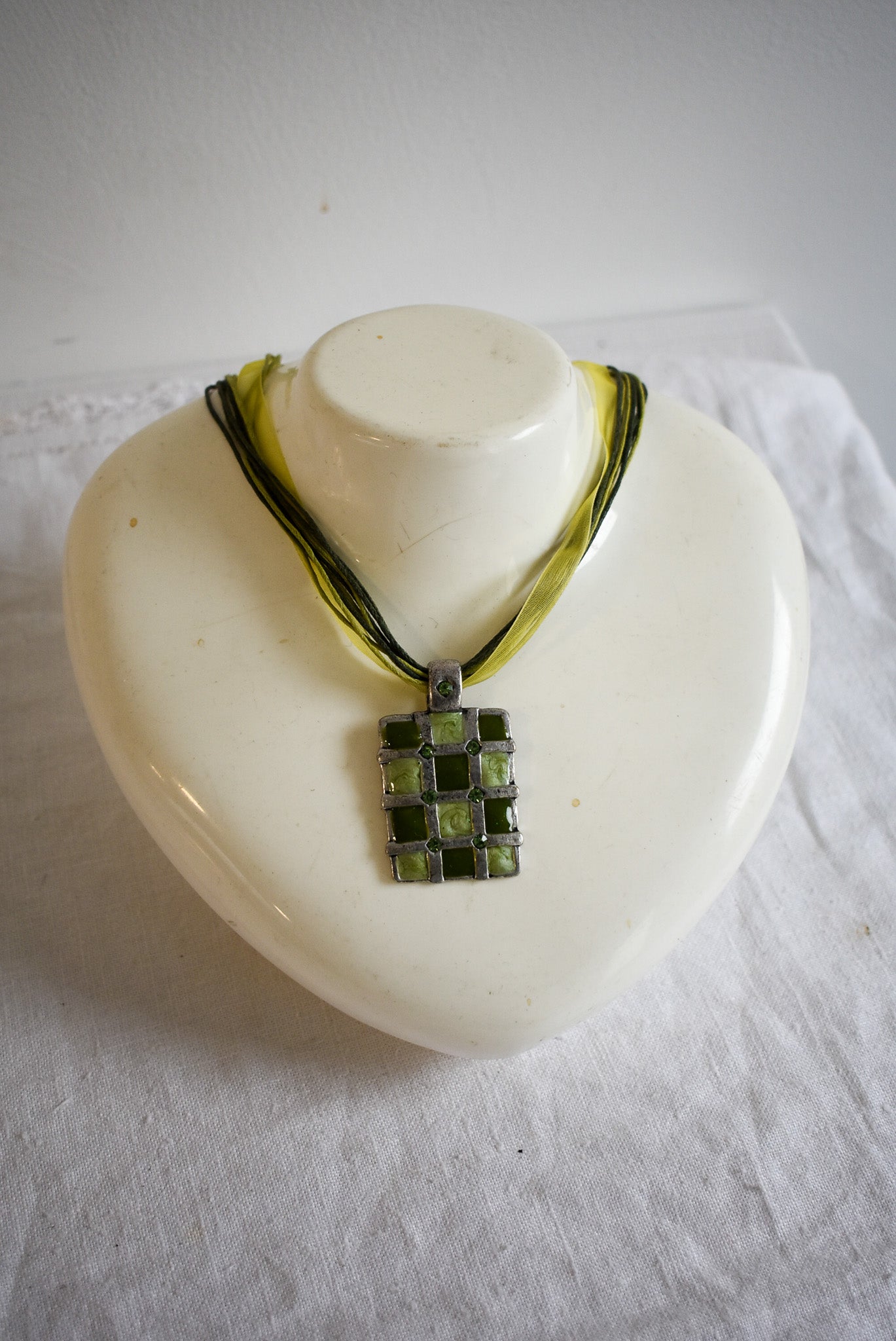 Green hemp + ribbon necklace